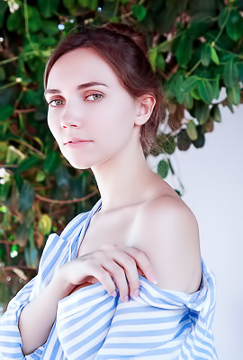 Danniela Unbuttoning Her Striped Shirt To Reveal Her Perfect Breasts